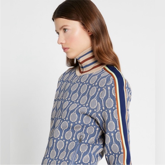 Tory Burch Tech Knit Jacquard Tennis Racquet Full-Zip Jacket Preppy Blue Medium - Picture 5 of 13